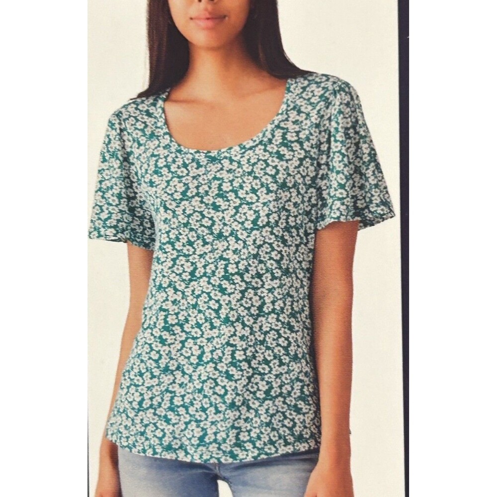 Lucky Brand Green White Floral Knit Scoop Neck Short Sleeve T-Shirt Size M NEW